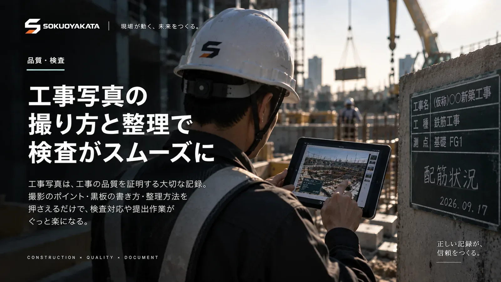 現場でタブレットの工事写真を確かめる監督と、工事名と工種と測点が書かれた黒板の写真
