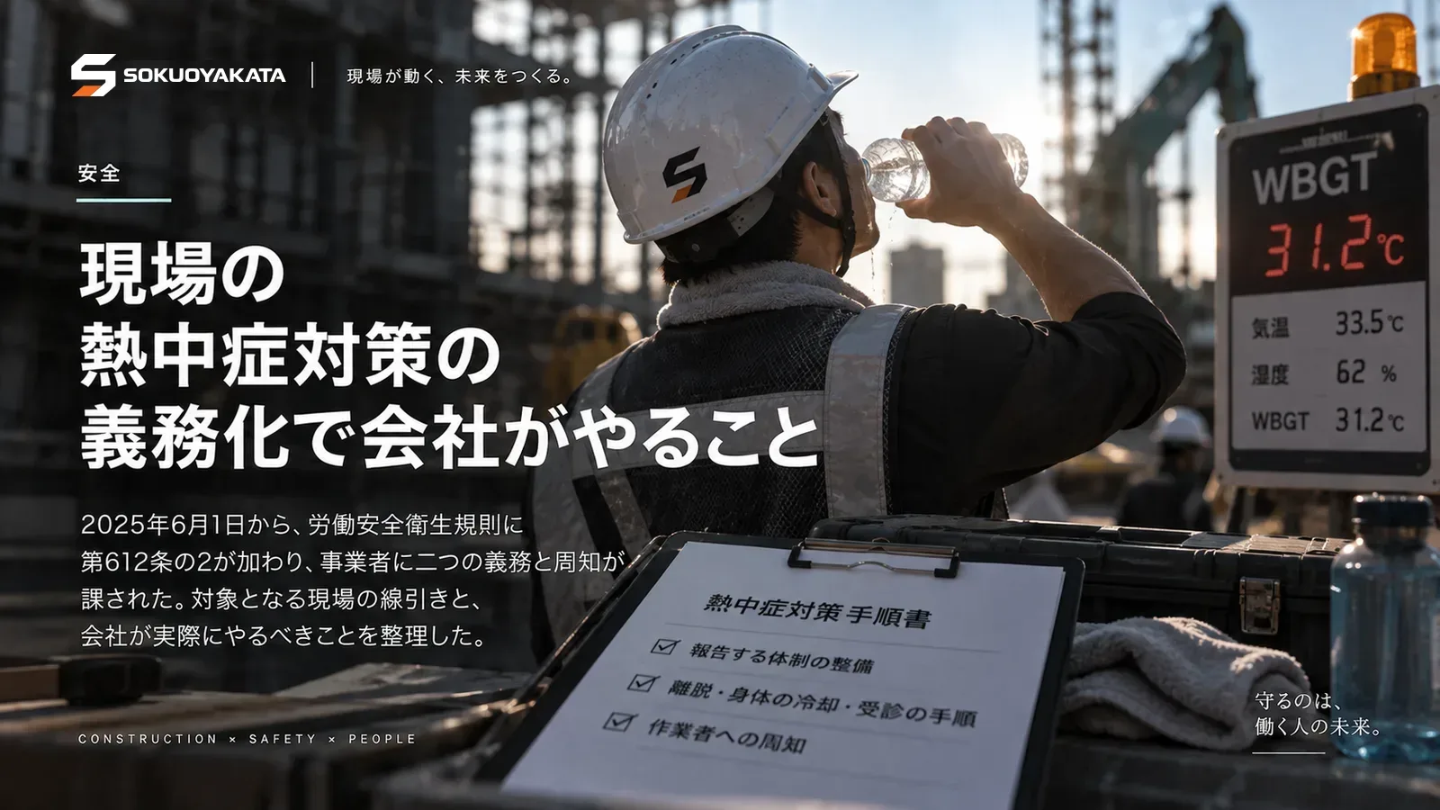 WBGT計が31.2度を示す現場で水分を取る作業員と、報告する体制の整備・離脱と冷却と受診の手順・作業者への周知が並んだ熱中症対策の手順書