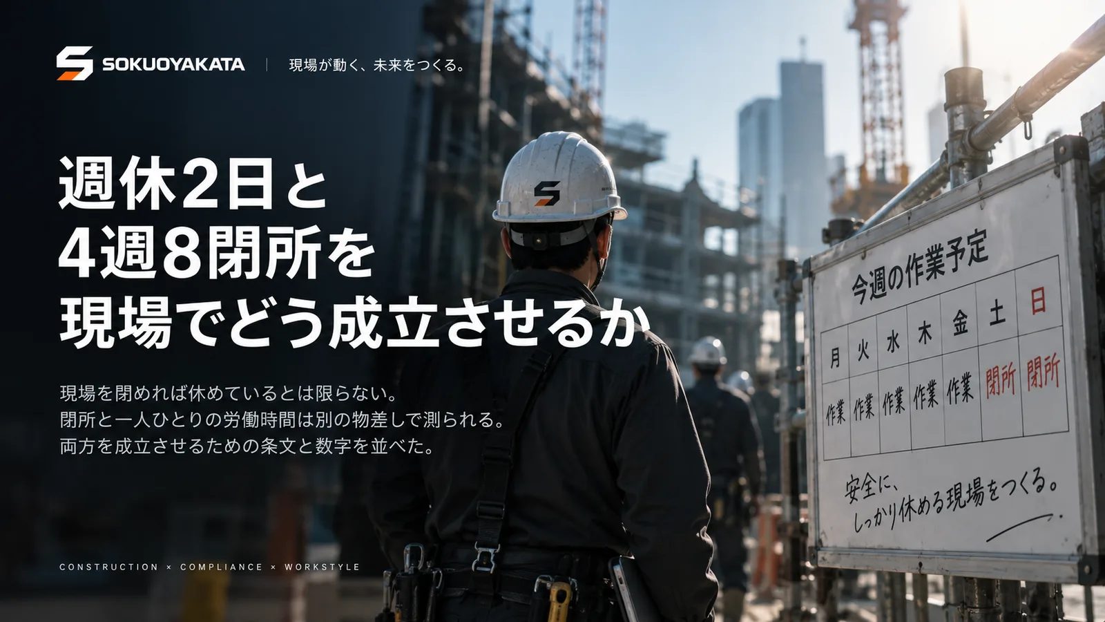 現場を歩く作業員の後ろ姿と、月から金が作業・土日が閉所と書かれた今週の作業予定の看板の写真